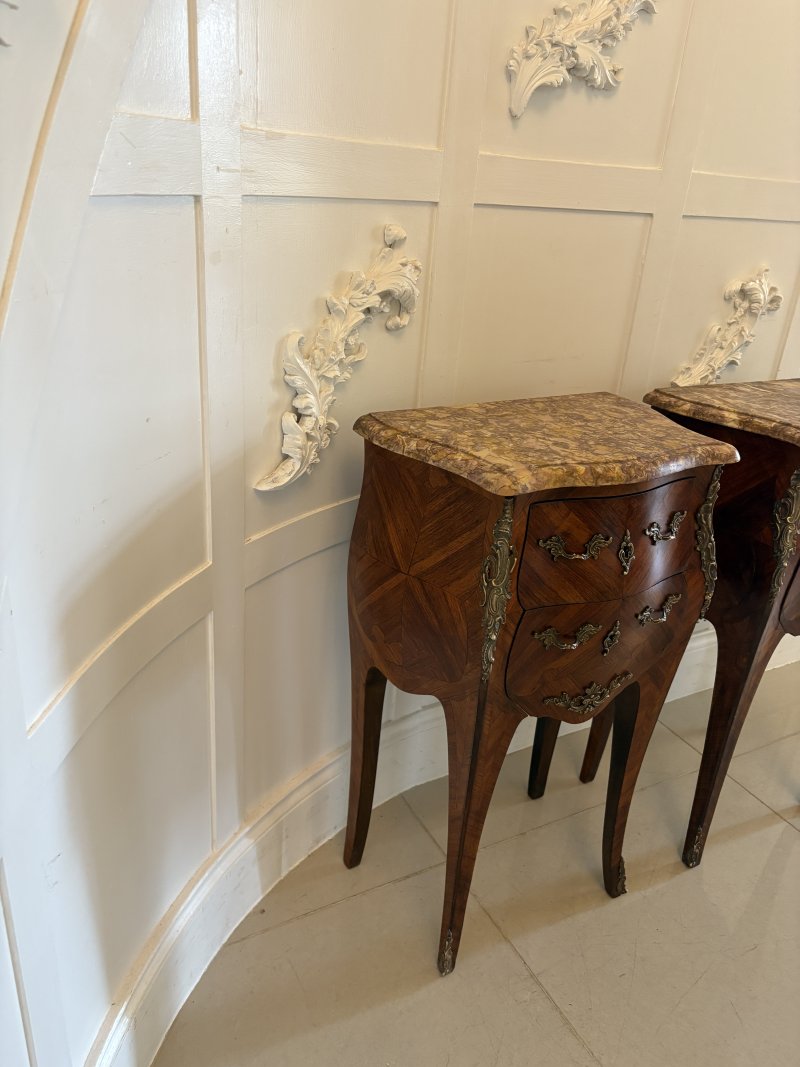 Pair of Antique Quality French Kingwood Marble Top Marquetry Inlaid Bedside Cabinets - Image 6